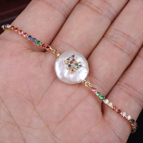 Rainbow cz initial 26 alphabet letter name charm freshwater pearl bead dainty wedding birthday jewelry link bracelets for women