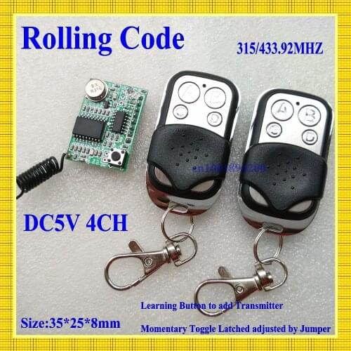 RF Rolling Code Decoding Receiver Module + 2 Transmitters DC 5V 4CH TTL Output Learning Momentary Toggle Latched RX TX 315/433