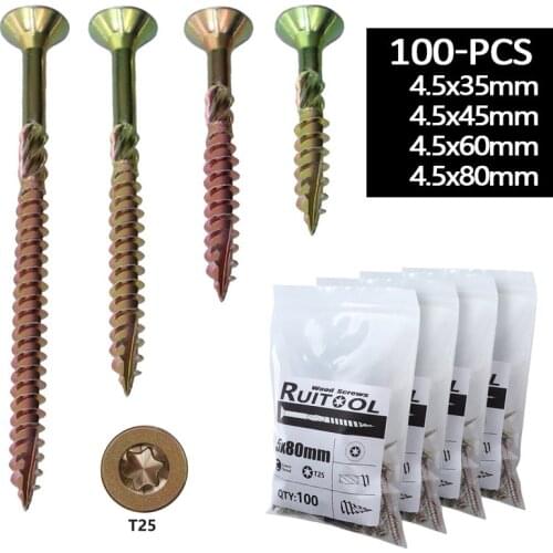 100pcs/lot T25 Flat Head Self Tapping Screws Torx Self-tapping Screws Furniture Wooden Box Hardware 35mm-80mm Wood Screw