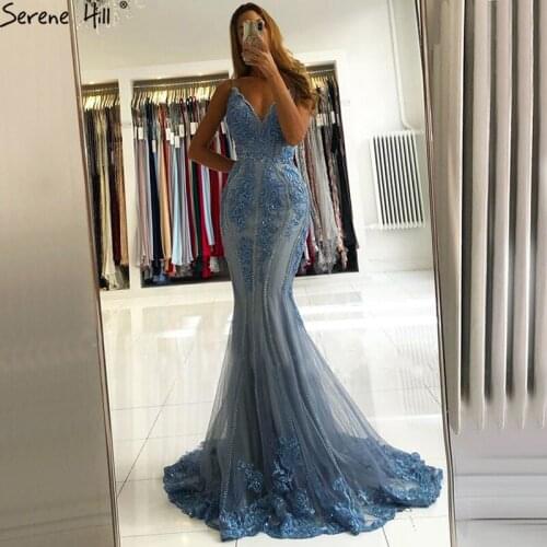 Serene Hill Blue Mermaid Sexy V-Neck Evening Dress Sleeveless Beading Lace High-end Formal Party Wear Gown CLA70724