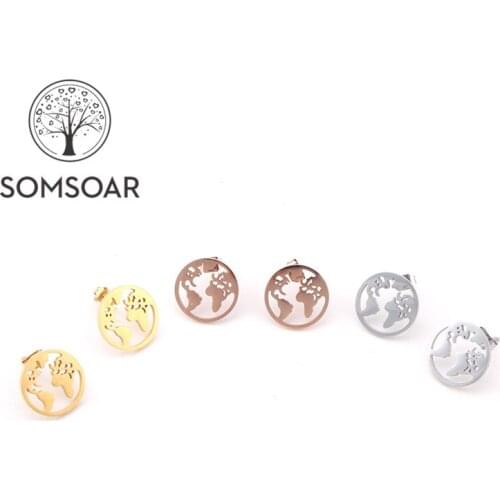 Somsoar Jewelry 15mm Stainless Steel The world Map Pendant Ear Stud Map Earrings with silvering/gold/rose gold color for Women