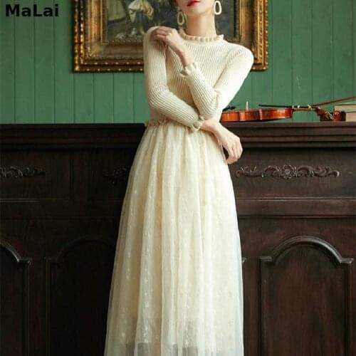 Vintage Knitted Dress Women Elegant Slim Patchwork Office Sweater Dress Korean New Autumn 2021 Female Fake Two Piece Dresses