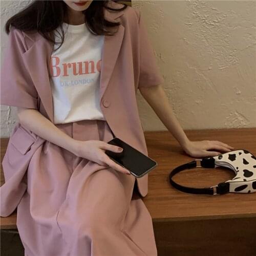 2021 New Women Summer Basics Blazer Two Pieces Set Casual Suits Half Sleeve Coat with High Waist A-line Skirt Sets