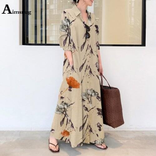 Plus size 5xl Women Long Dress with Pockets Boho Flower Print Summer Linen Dress Vintage 2021 Single Breasted Maxi Dresses Femme