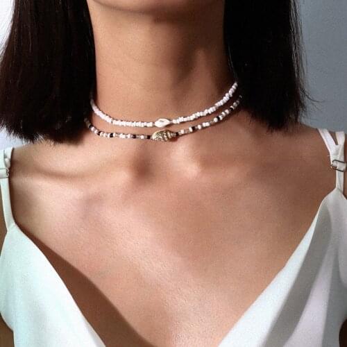 Bohemian Style Rice Bead Women Necklace Beach Shell Fashion Choker Separable 2 Layered White/Black Beads Small Shell Necklace