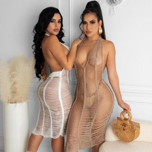 2021 Hot Selling Open Back Halter Midi Dresses Sexy Hollow Out Crochet Knitted Beach Dress Women Summer Vacation Outfits