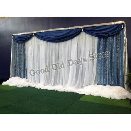 3M x 6M Wedding Backdrop with Blue swags and shiny sequin Wedding Stage Decor