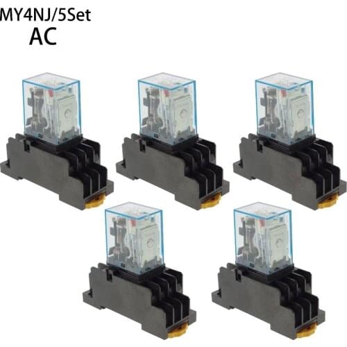 5Pcs Relay MY4NJ AC 12V 24V 36V 48V 110V 220V 380V Small relay 5A 14PIN Coil DPDT With Socket Base