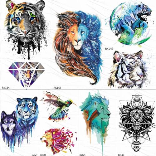 OMMGO Gagalxy Watercolor Lion Tiger Temporary Tattoos Sticker Diamond Draw Fake Tattoo Body Art Arm Flash Tatoos Paper Women Men