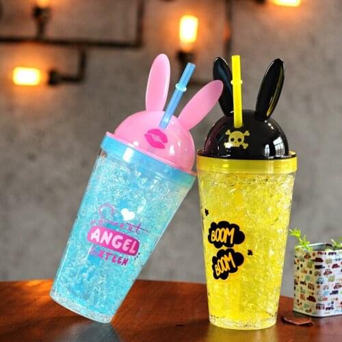 Kawaii Bunny Ear Drinking Straw Bottle Creative Cute Rabbit Ice Cup Kpop Fashion Double Straw Plastic Cartoon Mug For Girl