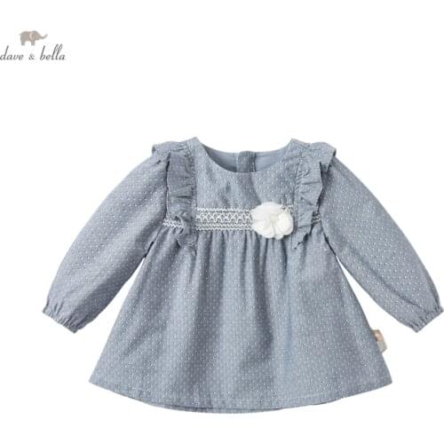 DB16741 dave bella spring fashion baby girls floral dots print ruched shirts infant toddler tops children high quality clothes