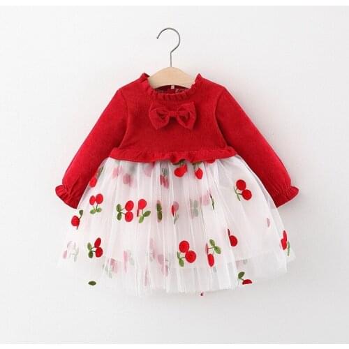 Sweet Outfits Girls Kids Princess Dress Autumn Children Baby Infants Long Sleeve Cherry Mesh Corduroy Dresses Vestidos ADK41