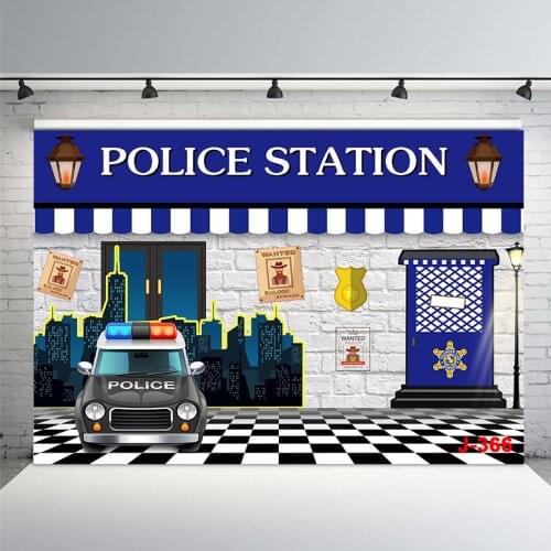 Police Station Backdrop for Party Police Car City Night Guard Photo Background Black and White Grid Floor Backdrop Police Theme