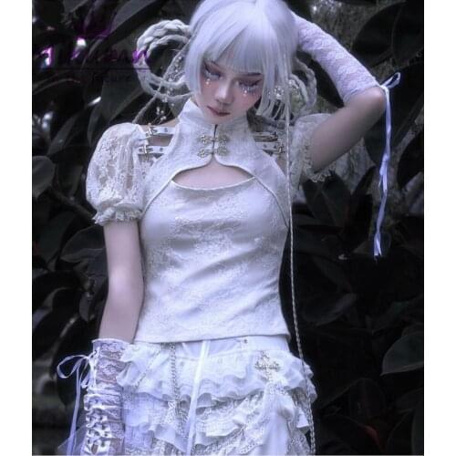 Harajuku Chinese Style Stand Collar Women Sexy Hollow Out Metal Button White Lace Shirt Mujer Tops Gothic Girls Chic Streetwear
