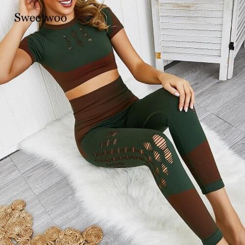2 Pcs Hollow Sports Suits Women Yoga Sets Short Sleeve Sports Shirts Yoga Leggings Fitness Gym Sportswear Workout Tracksuits