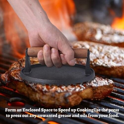 D08D Round Large BBQ Tool Iron Wooden Handle Steak Plate Meat Press Grill Meat Squid Fried Steak Barbecue Meat Pressing Board