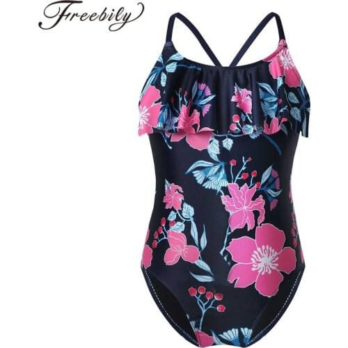 Girls Swimsuit One-Piece Ruffle Neck Criss Cross Spaghetti Straps Floral Pattern Leotard Childrens One Piece Kids Swimwear