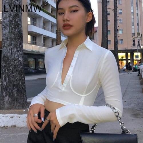 LVINMW Sexy Turn-down Collar Long Sleeve Buttons White Crop Top Woman Patchwork Solid T Shirt Slim Fashion Tops Streetwear
