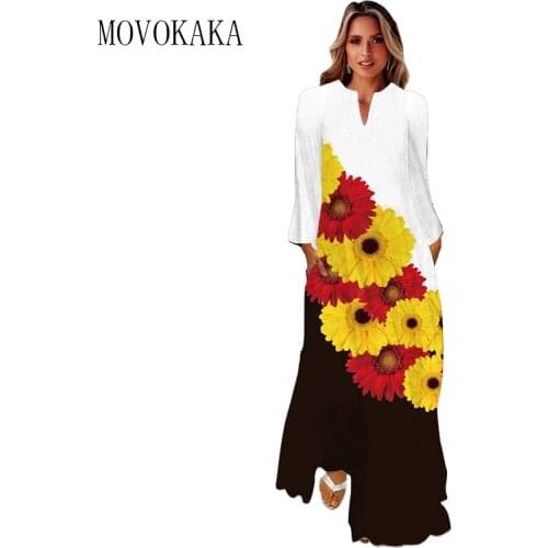 MOVOKAKA New 3D Flowers Print Dress 2021 Autumn Long Sleeve Elegant breathable Dresses Woman Beach Casual Girls Long Dress Women