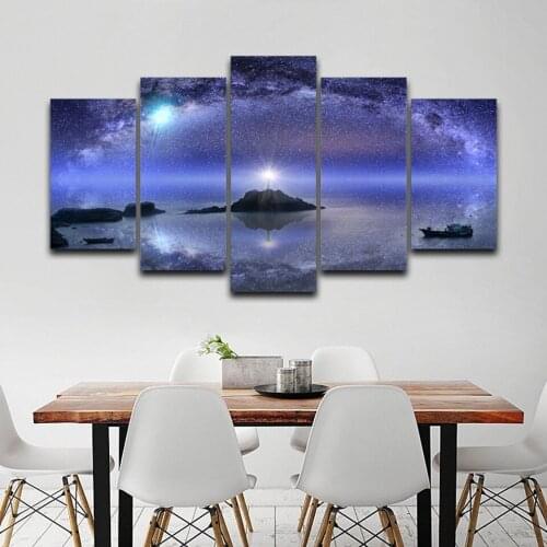Canvas Wall Art Picture Unframed Home Decor Room Poster 5 Pieces Stars Shine Lighthouse Ship Printed Abstract Landscape Painting