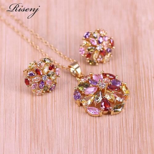 Risenj Rose Square Colorful/White Zircon Rose Gold Jewelry Set For Women Stud Earrings Necklace With Pendant Anniversary Present