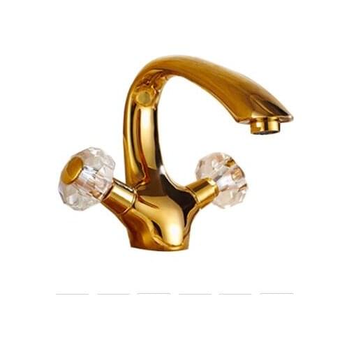 Vidric Luxury crystal brass gold bathroom basin sink faucet deck mounted dual handle hot and cold water mix tap Golden faucets