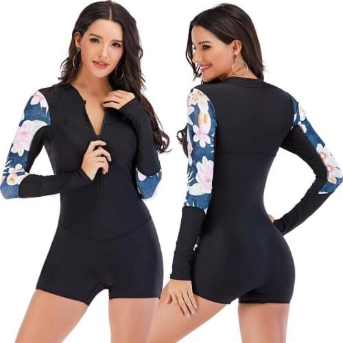 Print Floral One Piece Swimsuit Women Swimwear Monokini Long Sleeve Bathing Suit Surfing Boxer Diving Bodysuit Swim Wear Beach