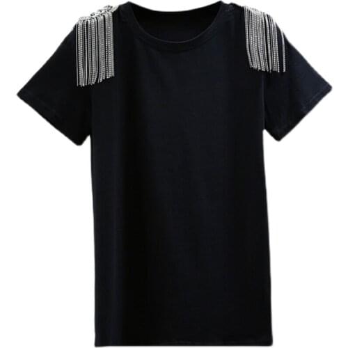 Rhinestone Chain Tassel Shoulder Short Sleeve T-shirt Women 2021 Summer Korean Style Slim Fit Temperamental All-Match Lady Tops