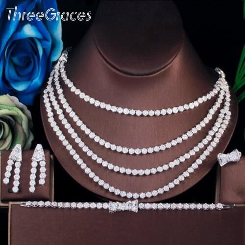ThreeGraces Unique Cubic Zirconia Silver Color Multi Layers Necklace Earrings Bracelet Ring Wedding Jewelry Set for Women TZ582