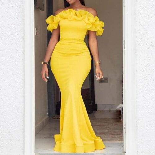 INS SUPER HOT yellow evening party dress for women summer 2021 sexy off shoulder bodycon floor-length plus size maxi long dress