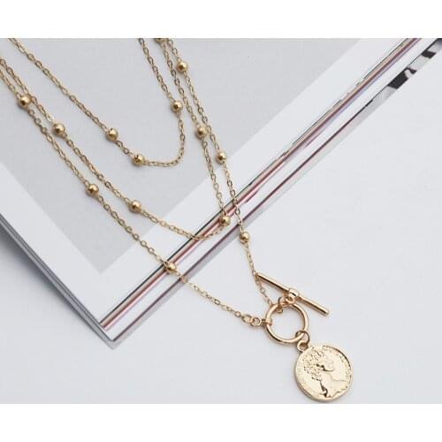 Vintage Multi layered Queen Avatar Pendant Necklace for Women Creativity Round Beads Bells OT Buckle Chain Necklace Jewelry Gift