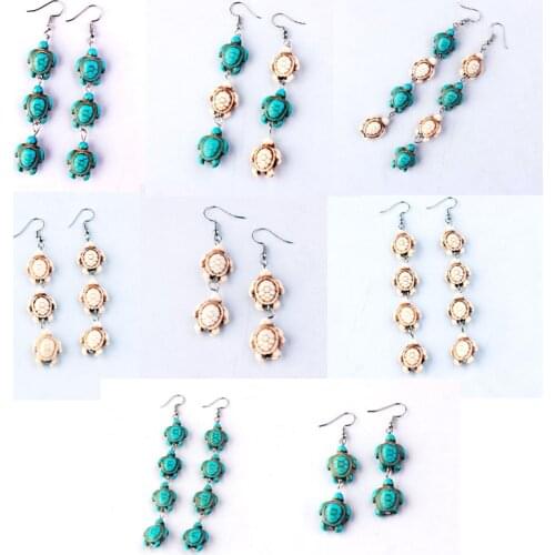 Vintage Bohemian Ethnic Turquoises Tassel Natural Stone Sea Turtle Earrings For Women Wedding Party Animal Earring Nepal Jewelry