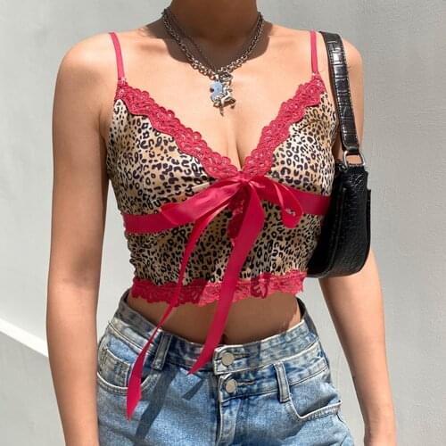Y2k Crop Top Lace Leopard Spaghetti Strap Tank Tops Women Large Size Bow Cropped E Girl 90s Aesthetic Streetwear Sweet Cami Top