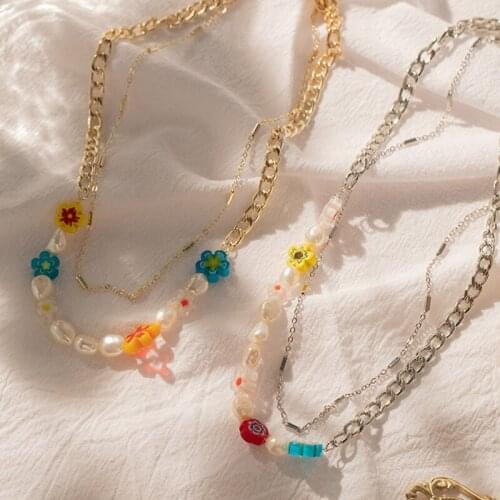 Women jewelry Freshwater pearl and glazed flower double necklace with clavicle chain necklace female clavicle chain