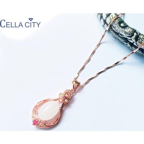 Cellacity Silver 925 Necklace for Women Trendy Fine Jewelry Gemstones Water Drop Shaped Pendant Rose Gold Color Anniversary gift