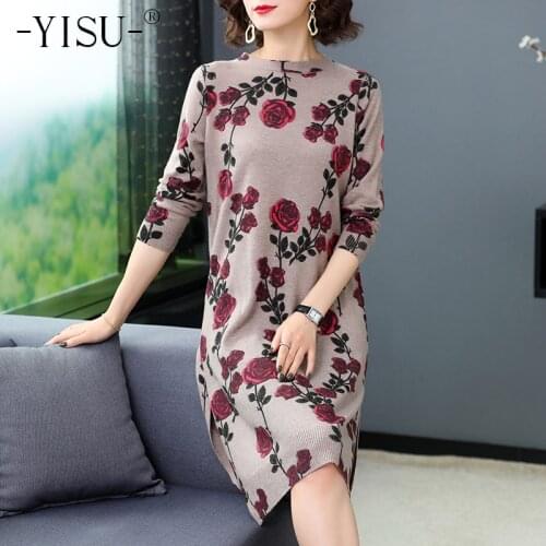 YISU Fashion Printed Sweater Dress Women Loose Jumper Dress Women Autumn winter Women O-neck Long Sleeve Casual Knitted Dresses