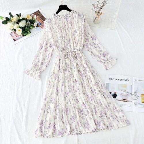2021 Spring Summer Fashion Floral Dress Women Flare Sleeve O-Neck Loose Ladies Pleated Long Dress Vintage Chiffon Vestidos