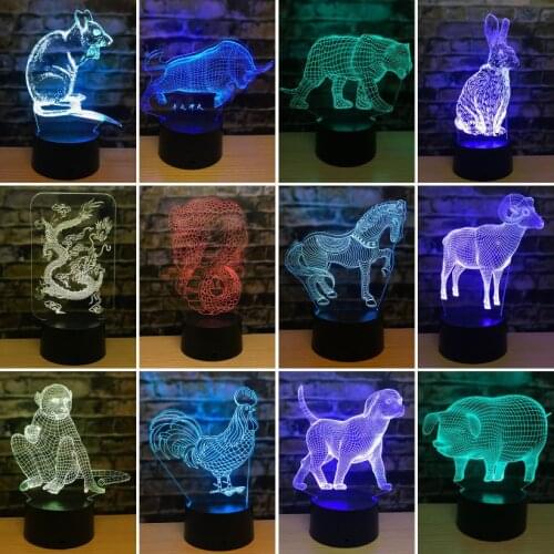 Twelve Zodiac Mouse 3d Lamp Tiger Rabbit Dragon Snake 3d Led Lights Horse Sheep Monkey Chicken Dog Pig 3D Night Lights