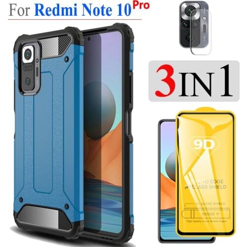 3in1 Case Redmi Note 10s, Cool Style Shockproof Cover for Xiaomi Redmi Note10 Pro Back Cover Redmi-Note-10-5G 10S Protective Glass Xaiomi Redmi Note 10 Pro 10 S Case + Glass