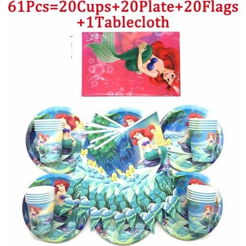 61/31Pcs Disney Mermaid Ariel Kids Favor Tableware Girl Birthday Paper Plates Cups Flag/Banner Table Cover Decorations Supply