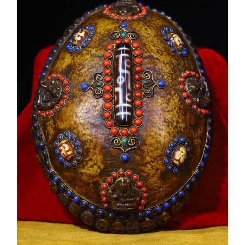 9" Tibet Buddhism Old Gem Rare Tibetan silver skull head inlay gem agate tantrick Kapala Bowl Cup Dzi Gabala Bowl