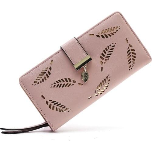 Hollow Out Leaf Leather Wallet For Women Fashion Korean Biford Card Holder With Phone Pocket Ladies Long Clutch Purse Money Bag