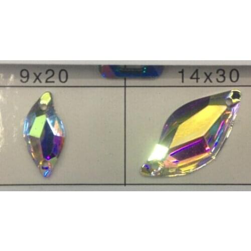 Free shipping~! 50~100pcs/lot, 9x20mm 14x30mm Diamond Leaf crystal AB color Flat Back Sew On Resin stones