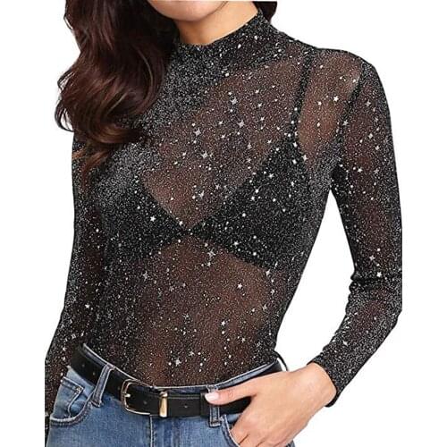 Spring Summer High Neck Long Sleeve Shining Women Top Blouse Mesh Lace Bling See Through Close Fit Shirts Women Office Lady Tops