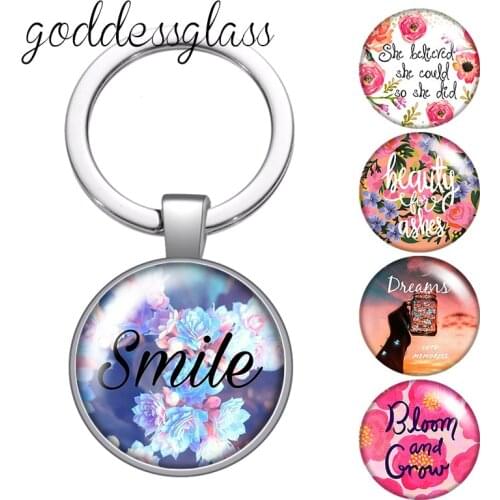 Flowers Beauty Letters Smile Believe Love Happy glass cabochon keychain Bag Car key chain Ring Holder Charms keychains for Gifts