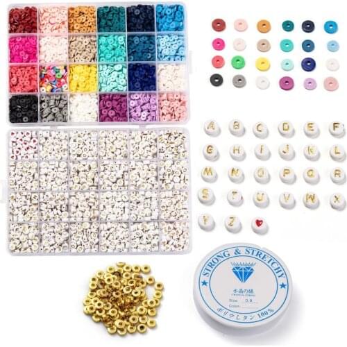 6mm Heishi Beads Disc Chip Polymer Clay Beads with Acrylic Letter Spacer Beads Jewelry Making Kit Handmade DIY Stretch Bracelets
