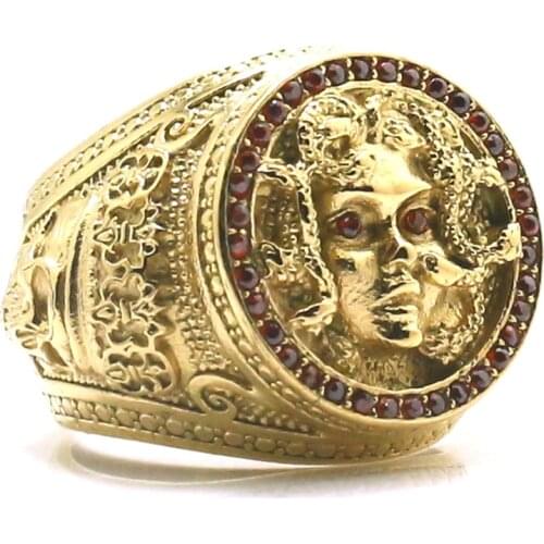 Unisex 316L Stainless Steel Gold-Color Medusa Red Stone King Skull Ring