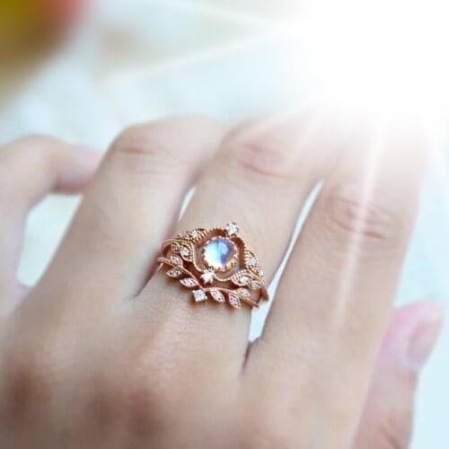 JK New Wedding Bands For Women Fashion Rose Gold Color Leaf Shape Rings Set with Moonstone Engagement Ring Party Jewelry