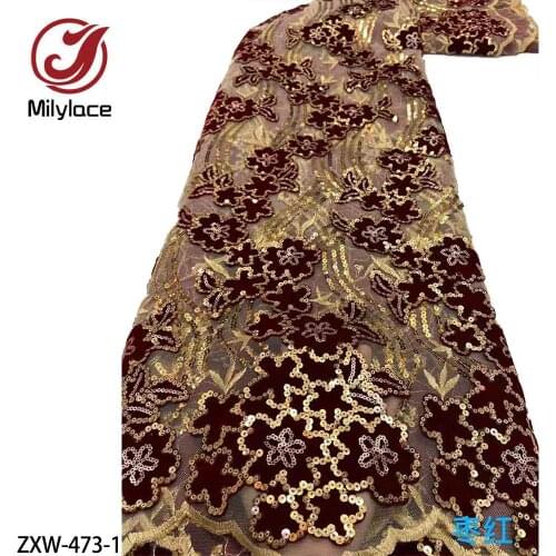 Beautiful French Tulle Mesh Lace Fabric with Sequins 5 Yards Velvet Embroidered Tulle Lace Fabrics for Nigeria Party ZXW-473