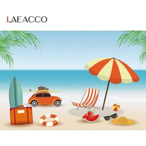 Laeacco Summer Holidays Baby Cartoon Trip Vocation Car Beach Umbrella Cozy Life Scenic Photographic Background Photo Backdrops